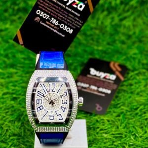 Iced-out diamond tonneau watch with blue crocodile leather strap - Buyza