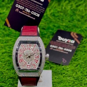 Luxury tonneau watch for men with crystal-style detailed dial and red leather strap