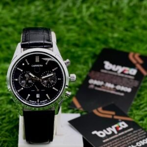 Men's chronograph style watch with black dial and black leather strap - Buyza