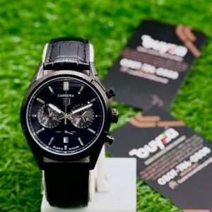 All-black men's chronograph style watch with black leather strap - Buyza