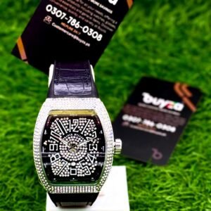 Iced-out diamond tonneau watch with black crystal dial and black crocodile leather strap - Buyza
