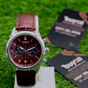 Men's chronograph style watch with maroon dial and brown leather strap - Buyza