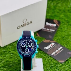 Moon-style chronograph watch with turquoise case, navy blue dial and strap - Buyza