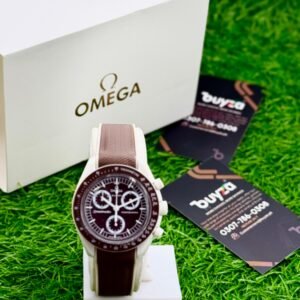 Moon-style chronograph watch with cream case, brown ceramic bezel and dial - Buyza