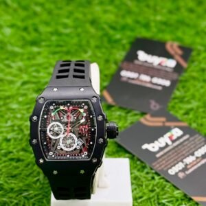 Skeleton tonneau sports watch with all-black case and red accents - Buyza