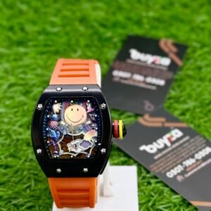 Artistic tonneau skeleton watch with colorful smiley dial and orange strap - Buyza